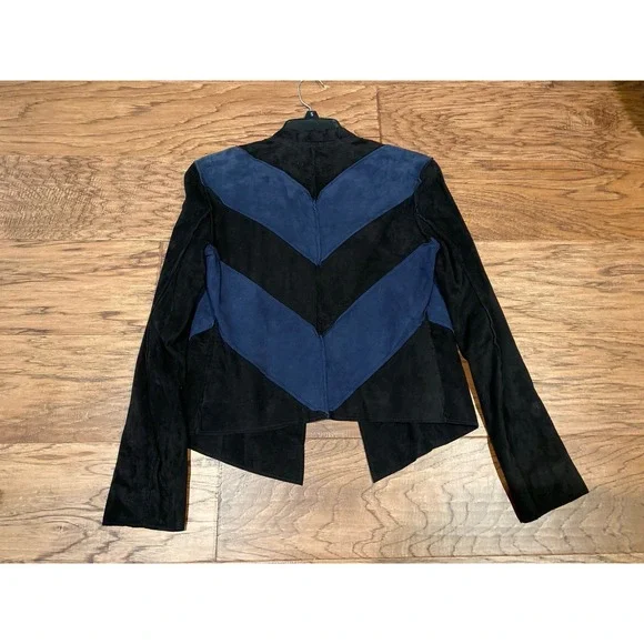 Ella Moss 100% Suede Chevron Jacket Black Blue Patchwork Moto Style Women's Sz 4 - Picture 2 of 5